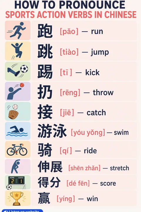 How to pronounce sports action verbs in Chinese vocabulary chart