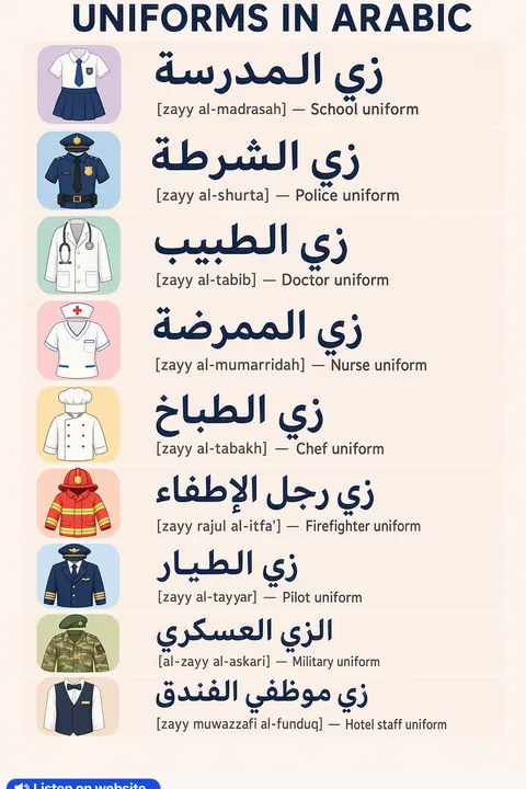 Uniforms in Arabic vocabulary chart