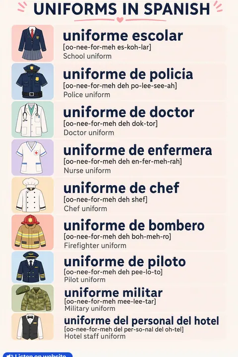 Uniforms in Spanish vocabulary chart