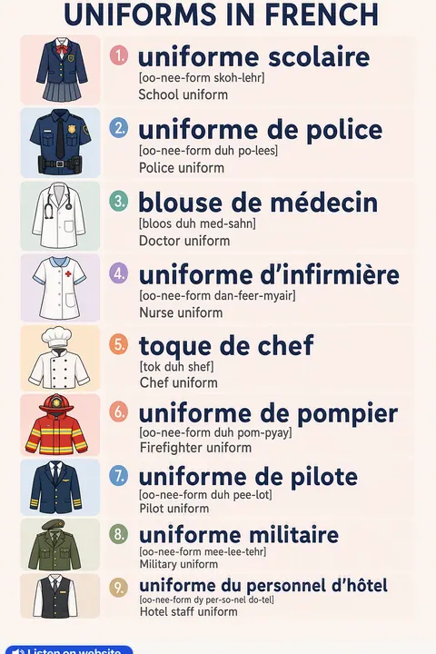 Uniforms in French vocabulary chart