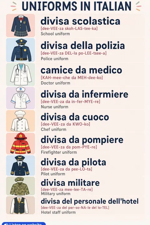 Uniforms in Italian vocabulary chart