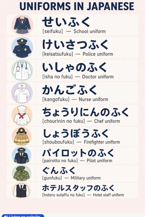 Uniforms in Japanese vocabulary chart