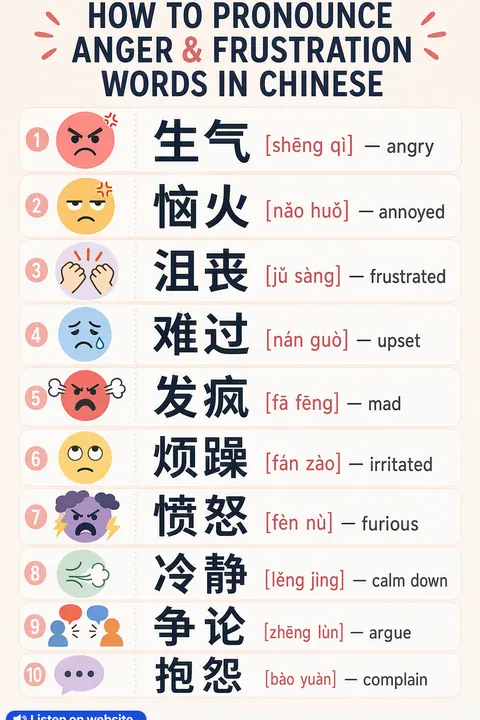 How To Pronounce Anger & Frustration in Chinese vocabulary chart