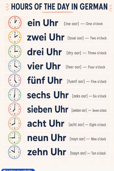 Hours of the Day in German vocabulary chart