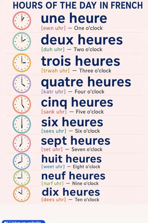 Hours of the Day in French vocabulary chart