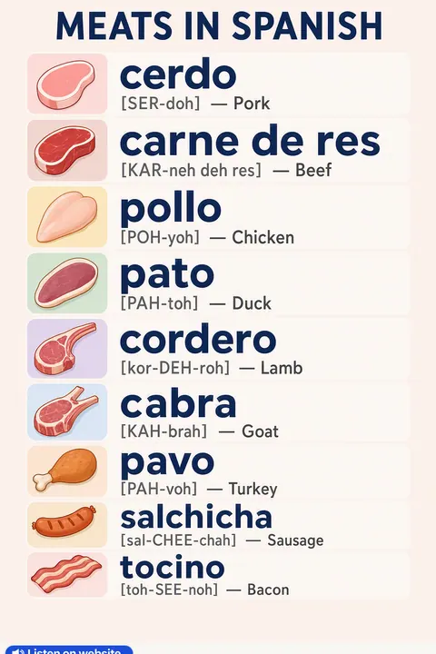 Meats in Spanish vocabulary chart