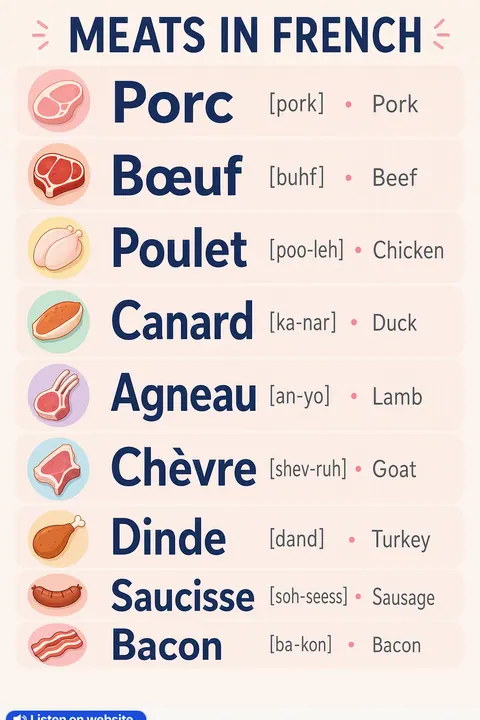 Meats in French vocabulary chart