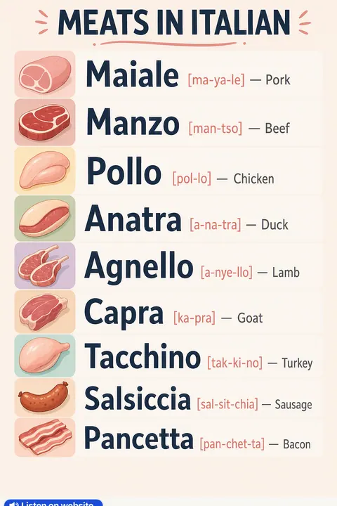 Meats in Italian vocabulary chart