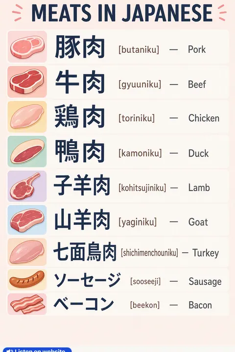 Meats in Japanese vocabulary chart