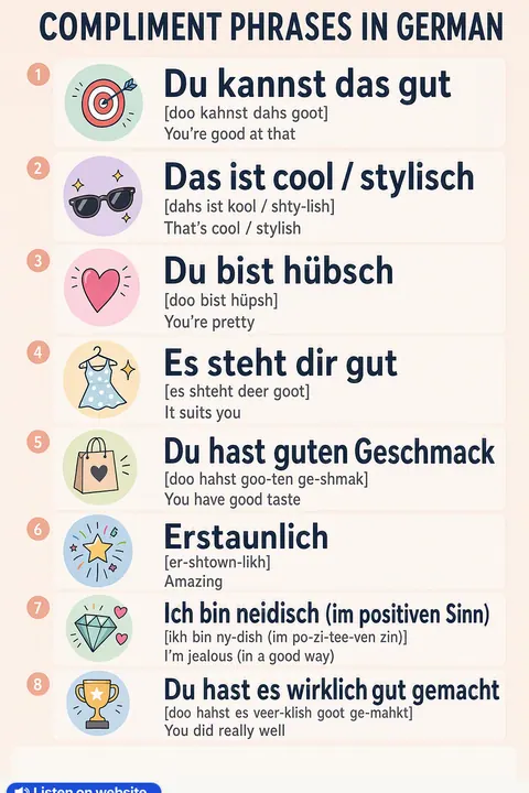How to give a compliment in German vocabulary chart