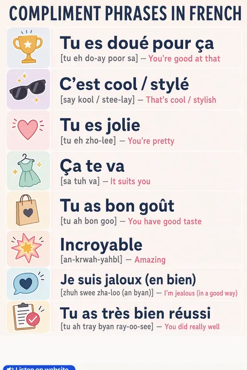 How to give a compliment in French vocabulary chart