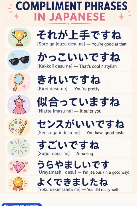 How to give a compliment in Japanese vocabulary chart