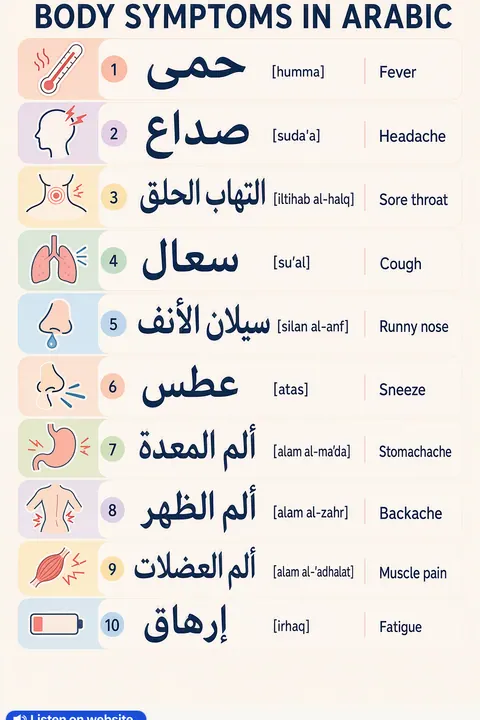Body symptoms in Arabic vocabulary chart