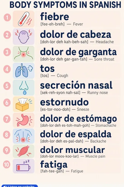 Body symptoms in Spanish vocabulary chart