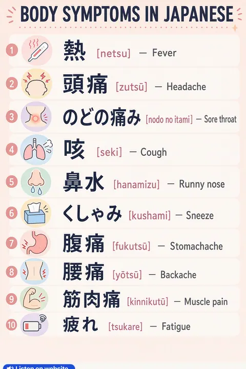 Body symptoms in Japanese vocabulary chart