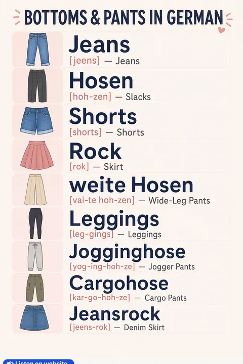 Bottoms & Pants in German vocabulary chart