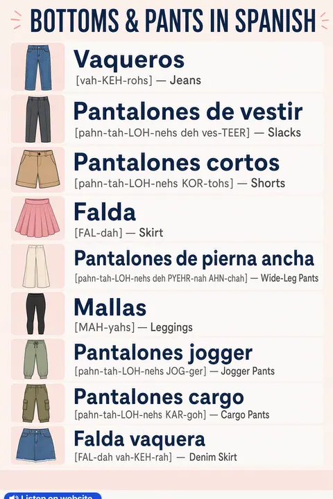 Bottoms & Pants in Spanish vocabulary chart