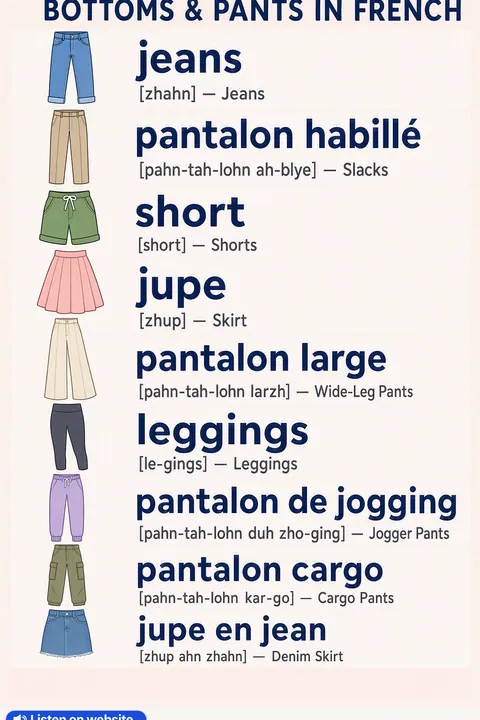 Bottoms & Pants in French vocabulary chart