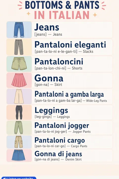 Bottoms & Pants in Italian vocabulary chart