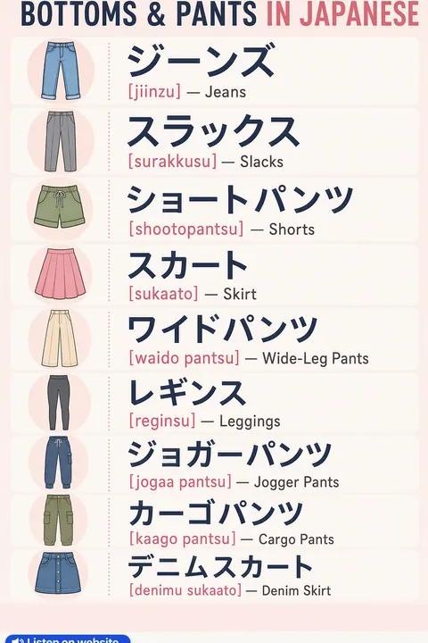Bottoms & Pants in Japanese vocabulary chart