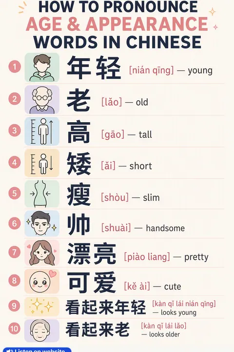 How To Pronounce Age & Appearance in Chinese vocabulary chart
