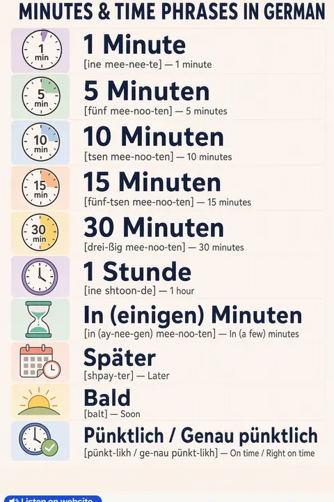 Minutes & Time in German vocabulary chart