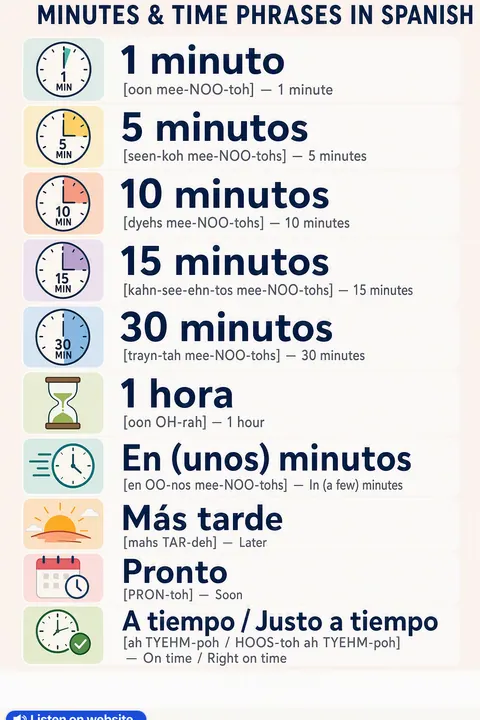 Minutes & Time in Spanish vocabulary chart