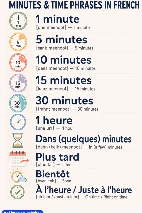 Minutes & Time in French vocabulary chart