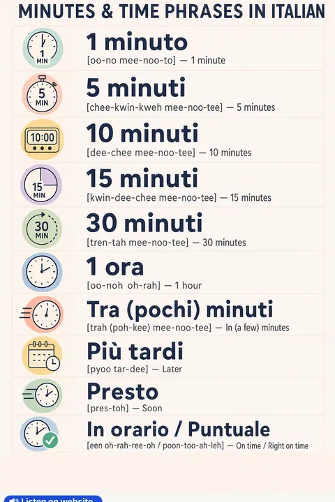 Minutes & Time in Italian vocabulary chart