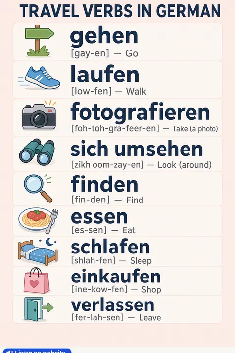 Travel verbs in German vocabulary chart