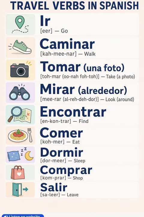 Travel verbs in Spanish vocabulary chart