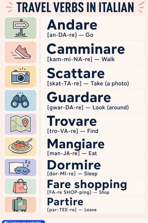 Travel verbs in Italian vocabulary chart