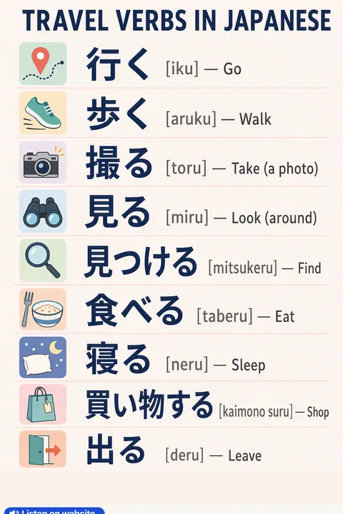 Travel verbs in Japanese vocabulary chart