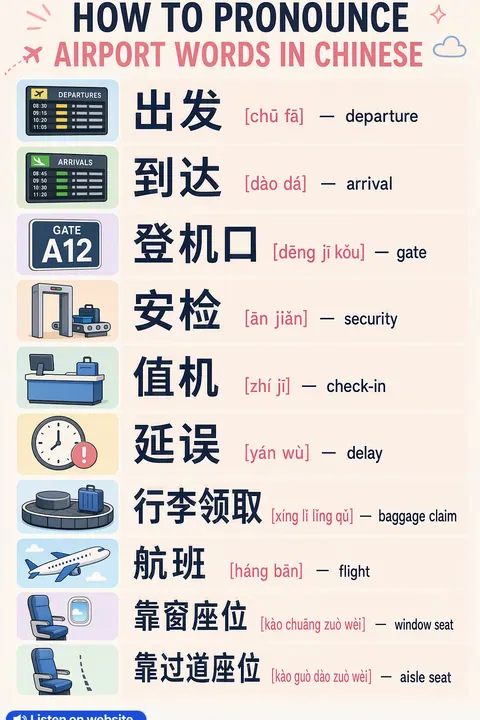 How To Pronounce Airport in Chinese vocabulary chart
