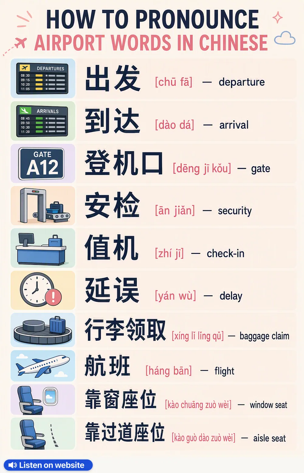 How To Pronounce Airport in Chinese — vocabulary chart for English speakers