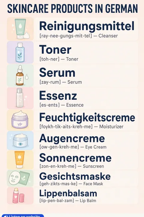 Skincare products in German vocabulary chart