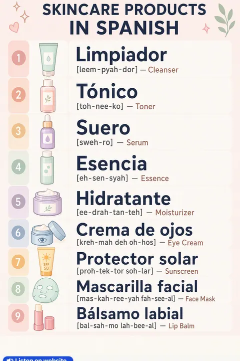 Skincare products in Spanish vocabulary chart