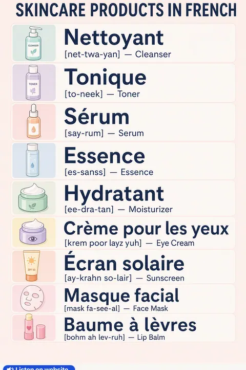 Skincare products in French vocabulary chart