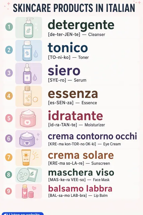 Skincare products in Italian vocabulary chart