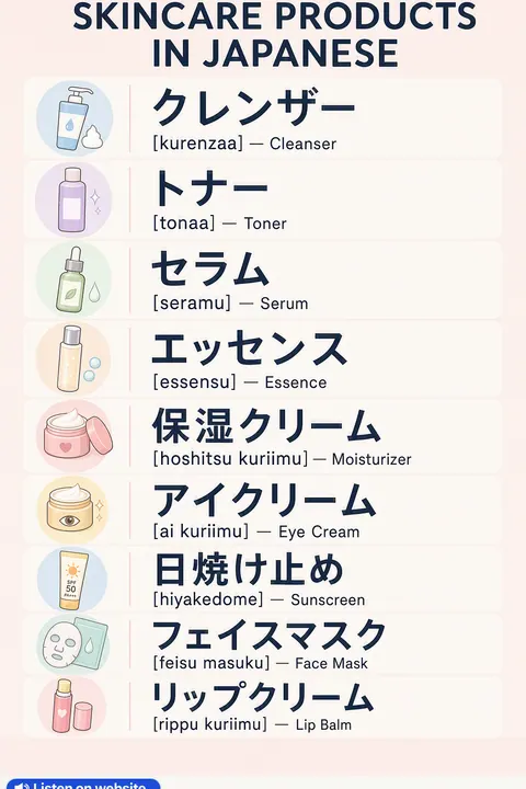 Skincare Products in Japanese vocabulary chart