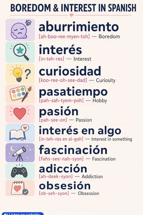 Boredom & Interest in Spanish vocabulary chart