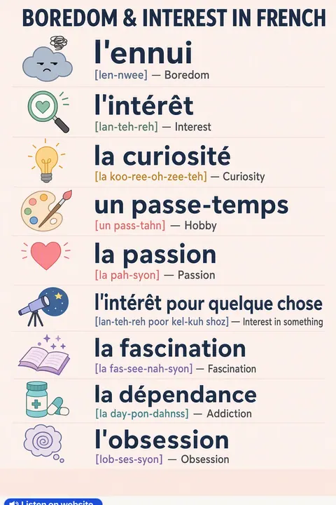 Boredom & Interest in French vocabulary chart