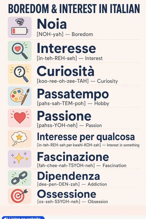 Boredom & Interest in Italian vocabulary chart