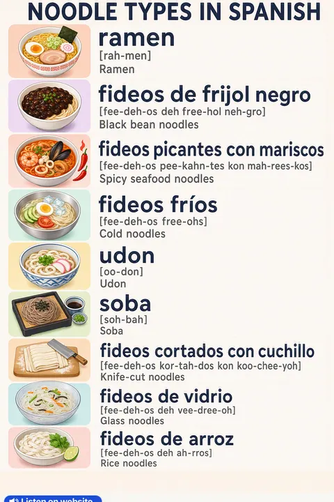 Noodle types in Spanish vocabulary chart