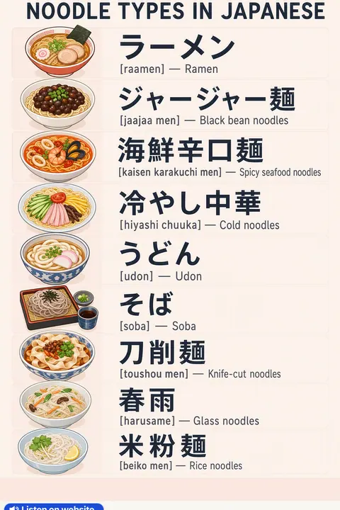 Noodle types in Japanese vocabulary chart