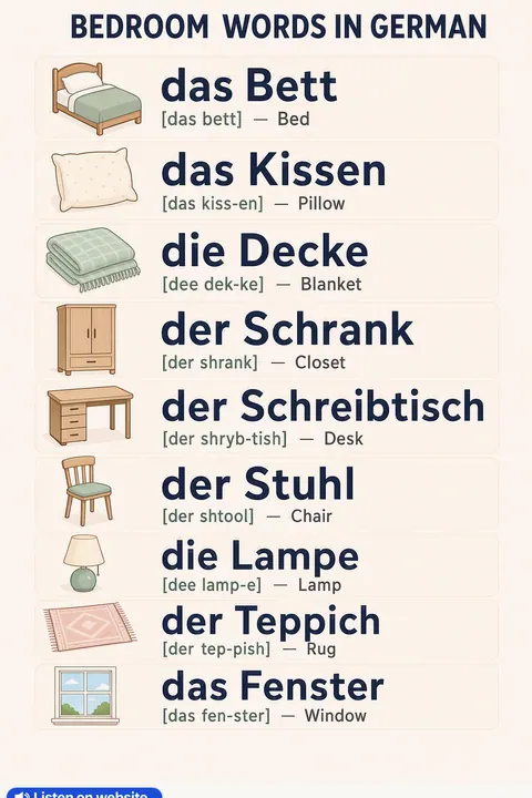 Bedroom in German vocabulary chart