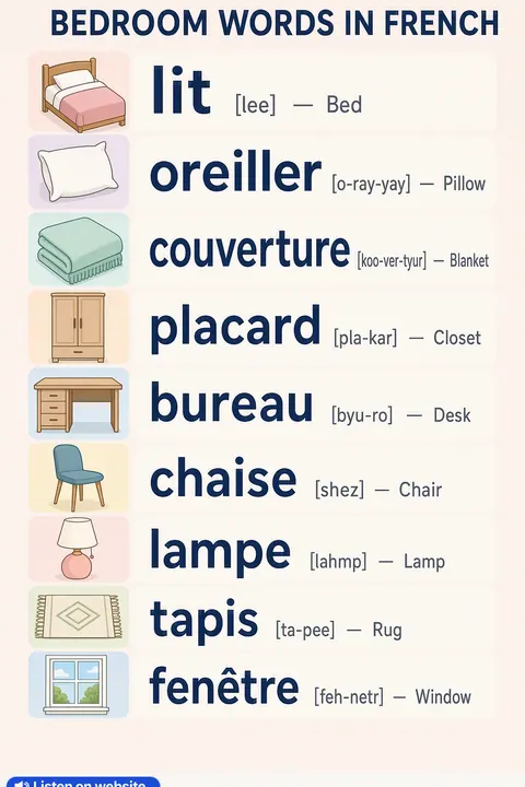 Bedroom in French vocabulary chart