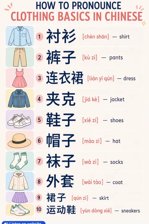 How to pronounce clothing basics in Chinese vocabulary chart