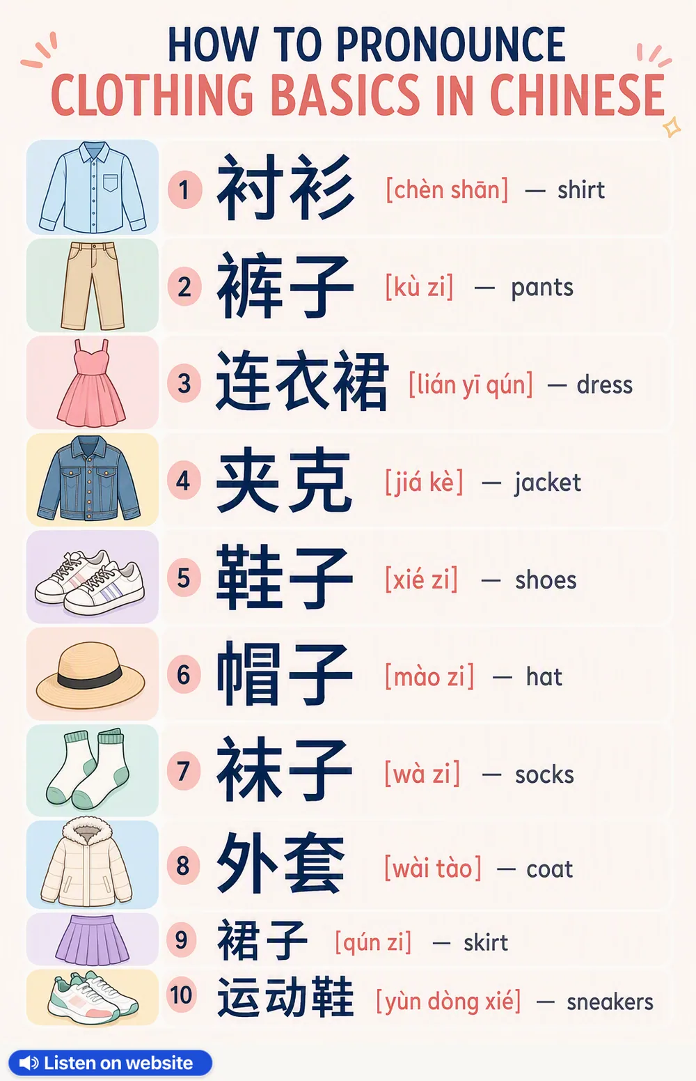 How to pronounce clothing basics in Chinese — vocabulary chart for English speakers