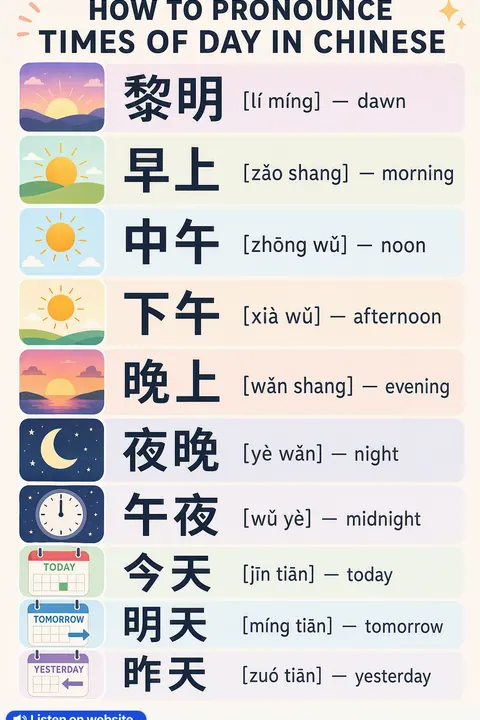 How to pronounce times of day in Chinese vocabulary chart